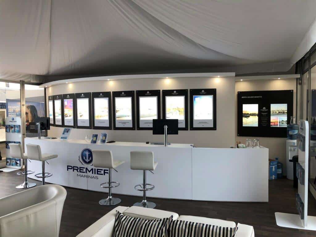 Premier Marinas at Southampton Boat Show 2018 curved welcome counter